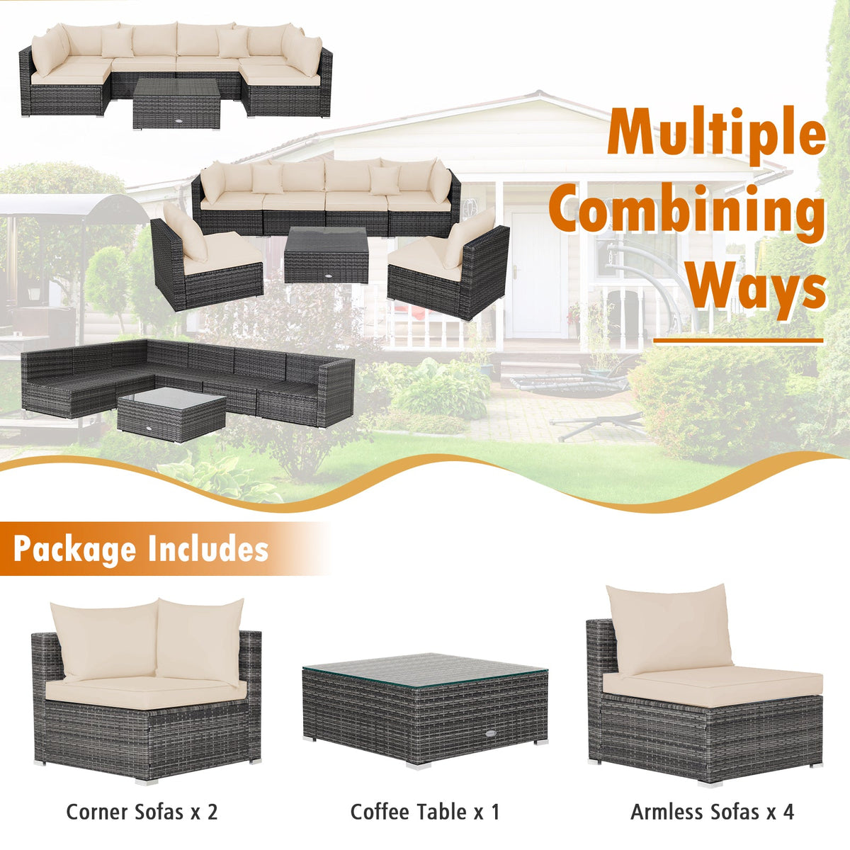 7 Pieces Patio Rattan Furniture Set Sectional Sofa Garden Cushion