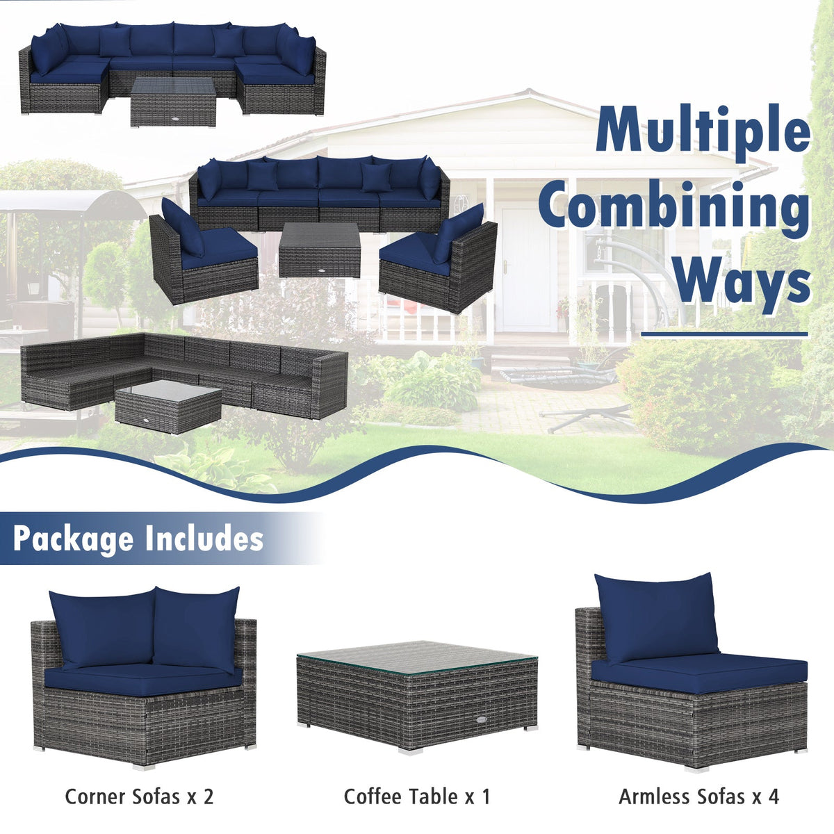 7 Pieces Patio Rattan Furniture Set Sectional Sofa Garden Cushion